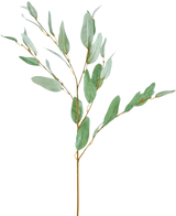 La Branche Artificielle Eucalyptus 86 cm vert possède une seule branche d'eucalyptus décorative avec de fines feuilles de soie verte et de fines tiges brunes, isolées sur un fond blanc.