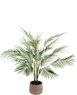 Le palmier artificiel Chamaedorea 83 cm a de longues feuilles vertes fines et de multiples tiges dans un pot marron clair texturé, sur un fond blanc uni.