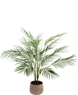 Le palmier artificiel Chamaedorea 83 cm a de longues feuilles vertes fines et de multiples tiges dans un pot marron clair texturé, sur un fond blanc uni.