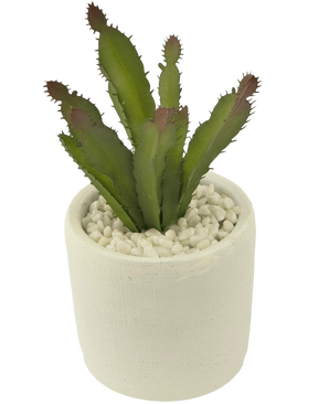 La plante succulente artificielle de 20 cm est une plante succulente verte à pointes rougeâtres dans un pot en céramique blanche rempli de cailloux blancs, représentée sur un fond blanc uni.
