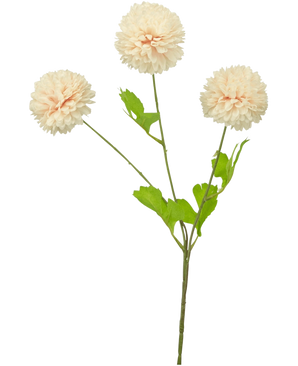 Une fleur artificielle à tige unique Jilly 70 cm rose a trois grandes fleurs de dahlia roses rondes et plusieurs feuilles vertes, sur un fond blanc uni.