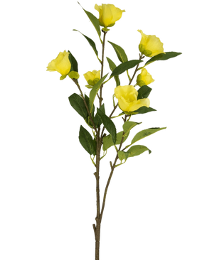 La fleur artificielle Camellia 80 cm jaune a une seule tige avec plusieurs fleurs artificielles de camélia jaune vif et des feuilles vertes, représentées sur un fond blanc uni.