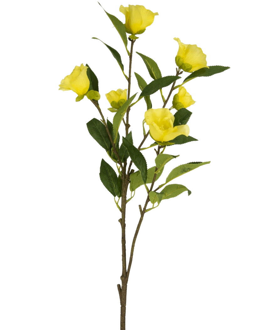 La fleur artificielle Camellia 80 cm jaune a une seule tige avec plusieurs fleurs artificielles de camélia jaune vif et des feuilles vertes, représentées sur un fond blanc uni.