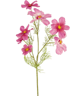 Une seule fleur artificielle Cosmos de 74 cm fuchsia avec des feuilles délicates et plumeuses et de multiples fleurs fuchsia au centre jaune est présentée sur un fond blanc uni.