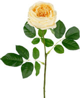 La Rose de Jardin Artificielle "Anniken" Real Touch jaune 72cm possède une seule rose jaune avec plusieurs feuilles vertes sur une longue tige, sur un fond blanc uni.