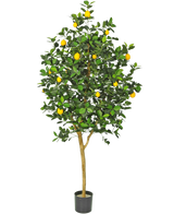 Le Citronnier Artificiel 150 cm a un tronc marron, des feuilles vertes et plusieurs citrons jaunes dans un pot sur un fond blanc uni.