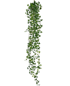De Kunst hangplant Klimop deluxe 180 cm groen is een lange kunst klimop met veel kleine groene blaadjes, verticaal hangend tegen een effen witte achtergrond.