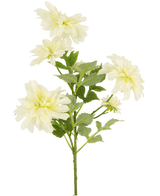 Une fleur artificielle Dahlia de 60 cm de haut avec plusieurs fleurs de dahlia jaune clair et des feuilles vertes sur un fond blanc uni.