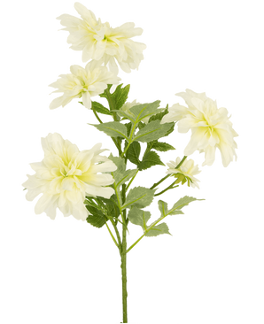 Une fleur artificielle Dahlia de 60 cm de haut avec plusieurs fleurs de dahlia jaune clair et des feuilles vertes sur un fond blanc uni.