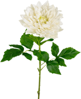 Un Kunst Georgine Real Touch blanc de 70 cm présente un dahlia blanc unique et réaliste avec des pétales superposés et des feuilles vertes dentelées sur une longue tige, sur un fond blanc uni.