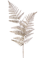 Une seule branche artificielle d'asperge de 125 cm argentée, avec des tiges brun clair ressemblant à des fougères séchées avec des feuilles fines et légères comme une plume, sur un fond blanc uni.