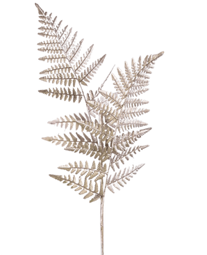 Une seule branche artificielle d'asperge de 125 cm argentée, avec des tiges brun clair ressemblant à des fougères séchées avec des feuilles fines et légères comme une plume, sur un fond blanc uni.