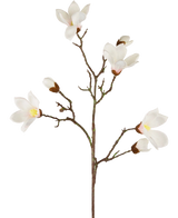 La Branche de Magnolia Artificielle Real Touch Blanc 98 cm a une seule tige brune avec plusieurs branches, chacune avec des fleurs de magnolia blanches et des bourgeons avec un centre jaune, joliment mis en valeur sur un fond blanc uni.
