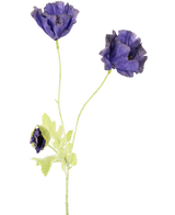 La fleur artificielle Coquelicot 73 cm présente trois délicates fleurs violettes - deux ouvertes, une partiellement fermée - avec des tiges et des feuilles vert clair, sur un fond blanc uni.