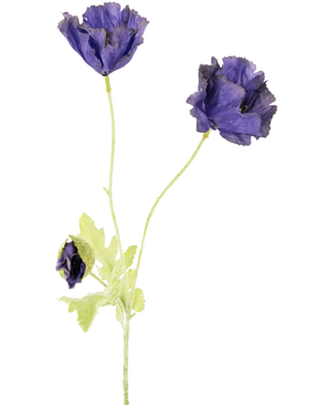 La fleur artificielle Coquelicot 73 cm présente trois délicates fleurs violettes - deux ouvertes, une partiellement fermée - avec des tiges et des feuilles vert clair, sur un fond blanc uni.