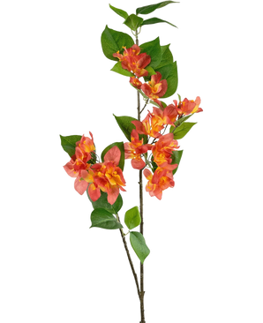 La Branche Artificielle Bougainvillier 81 cm pêche possède une tige unique avec des bouquets de fleurs pêche-orange et jaune, complétées par des feuilles vertes, sur un fond blanc.