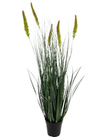 Le gazon artificiel Cattail Onion Grass Pot 90 cm ignifuge est une plante de gazon artificiel en pot avec de longues feuilles vertes minces et plusieurs têtes de graines hautes, jaune-vert sur un fond blanc uni.