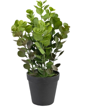 La Plante Artificielle Vicks 33 cm est une plante artificielle à feuilles vertes rondes dans un simple pot noir, sur un fond blanc uni.