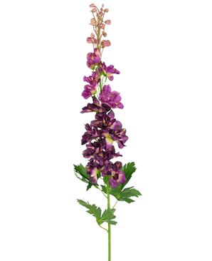 La Fleur Artificielle Delphinium Violet 79 cm possède une seule tige de pied d'alouette artificielle violette avec de multiples fleurs disposées verticalement et des feuilles vertes profondément lobées, sur un fond blanc uni.