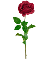 La Rose Artificielle Real Touch 53 cm rouge est une rose artificielle simple avec une longue tige verte et plusieurs feuilles, isolées sur un fond blanc.