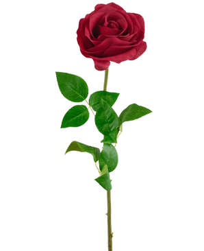 La Rose Artificielle Real Touch 53 cm rouge est une rose artificielle simple avec une longue tige verte et plusieurs feuilles, isolées sur un fond blanc.