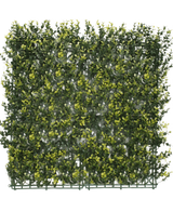 La Haie Artificielle Buis Jaune 50x50 cm UV est un panneau carré de feuillage vert artificiel dense aux feuilles jaunes, conçu pour ressembler à une haie ou un mur de jardin, sur un fond blanc uni.