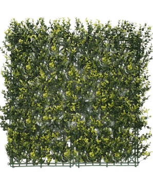 La Haie Artificielle Buis Jaune 50x50 cm UV est un panneau carré de feuillage vert artificiel dense aux feuilles jaunes, conçu pour ressembler à une haie ou un mur de jardin, sur un fond blanc uni.