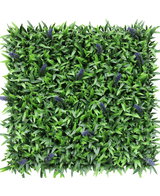 La Haie Artificielle Lavande 50x50 cm UV est un panneau carré de feuilles vertes artificielles avec de petits bouquets de fleurs de lavande violettes, représentées d'en haut sur un fond blanc.