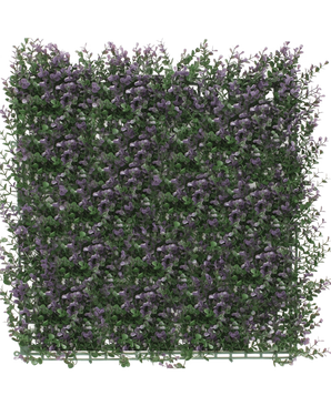 La Haie Artificielle Buis Violet 50x50 cm UV est un panneau carré et dense de verdure artificielle avec de petites fleurs violettes, créant un tapis de jardin vertical luxuriant, parfait pour égayer un fond blanc.