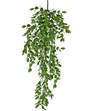 La plante artificielle suspendue Jasmin 70 cm présente des grappes denses de petites feuilles vertes qui tombent naturellement et créent un effet drapé luxuriant sur un fond blanc.