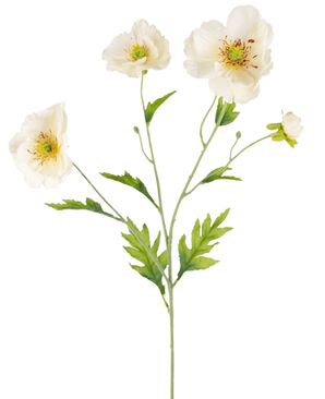 Een botanische illustratie van de Kunst Klaproos Real Touch Crème/geel 65cm toont een groene steel met delicate crème en gele klaproosbloemen en weelderige groene bladeren tegen een effen lichte achtergrond.