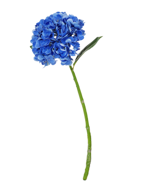 La Fleur Artificielle Charlotte Hortensia Real Touch bleu foncé est un hortensia artificiel bleu unique avec tige et feuilles vertes, de 55 cm de haut, isolé sur fond blanc.