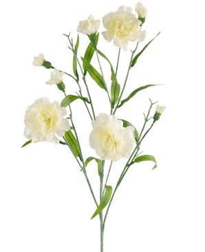 Le bouquet d'œillets artificiels 70 cm blanc a une tige avec plusieurs fleurs d'œillets blanches et des feuilles vertes sur un fond blanc uni.