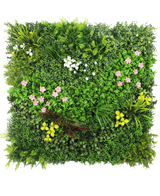 La Haie Artificielle Vitality 100x100 cm UV est un panneau carré au feuillage artificiel vert dense et aux bouquets épars de petites fleurs roses, jaunes et blanches sur fond blanc.