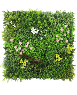 La Haie Artificielle Vitality 100x100 cm UV est un panneau carré au feuillage artificiel vert dense et aux bouquets épars de petites fleurs roses, jaunes et blanches sur fond blanc.