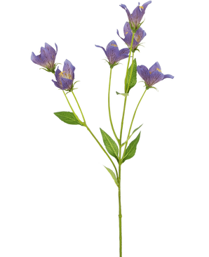 La fleur artificielle Harebell 62 cm violette possède une seule tige verte avec de multiples branches, chacune décorée de délicates fleurs violettes et de feuilles vertes, sur un fond blanc uni.