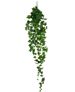 Le Lierre Artificiel 130 cm vert est un lierre artificiel suspendu avec des feuilles vertes en cascade sur un fond blanc uni.