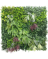 La Haie Artificielle Paradise 100x100 cm UV est un mur de jardin vertical au feuillage dense vert et violet, comprenant des fougères et des plantes feuillues, disposé en carré sur un fond blanc.