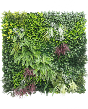 La Haie Artificielle Paradise 100x100 cm UV est un mur de jardin vertical au feuillage dense vert et violet, comprenant des fougères et des plantes feuillues, disposé en carré sur un fond blanc.