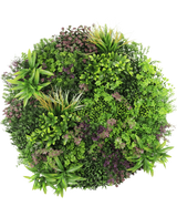 Une vue de dessus de la haie artificielle sur cadre noir Ø100 cm montre un affichage luxuriant et dense de plantes à feuilles vertes et violettes disposées selon un motif circulaire sur un fond blanc.