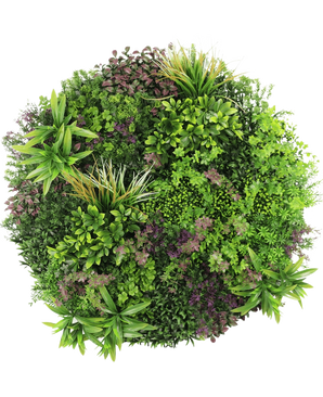 Une vue de dessus de la haie artificielle sur cadre noir Ø100 cm montre un affichage luxuriant et dense de plantes à feuilles vertes et violettes disposées selon un motif circulaire sur un fond blanc.