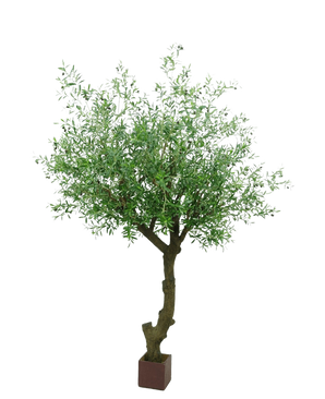 L'olivier artificiel avec olives 270 cm a un tronc torsadé et des feuilles vertes denses, et se dresse dans un petit pot carré marron sur un fond blanc.