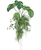 La plante artificielle suspendue Monstera/Fern Ball 100 cm XL présente des feuilles de monstera et des fougères d'un vert luxuriant avec de longues vrilles et racines traînantes, parfaites pour ajouter de la verdure à n'importe quel espace sur un fond blanc.