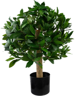 La plante Laurier Artificiel UV d40 cm est un petit arbre artificiel aux feuilles vertes denses dans un pot noir, représenté sur un fond blanc uni.