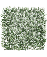 La Haie Artificielle Buis blanc 50x50 cm UV est un panneau de buis artificiel carré avec de petites feuilles à pointe blanche sur une grille en plastique, représentées sur un fond blanc.
