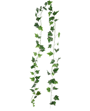 Twee lange Kunst Klimop Slinger 180 cm groen/wit strengen kunstklimop hangen verticaal tegen een effen witte achtergrond.