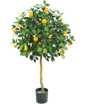 L'oranger artificiel de 120 cm d'Easyplants a des feuilles vertes luxuriantes et de nombreux fruits orange vif, présentés dans un pot sur un fond blanc uni.