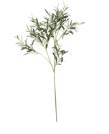 La Feuille d'olivier artificielle 90 cm ignifuge possède de fines feuilles vertes sur une tige longue et fine. Cette feuille artificielle est résistante aux UV et ignifuge et est présentée isolée sur un fond blanc.