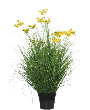 Le gazon artificiel Asteraceae 90 cm ignifuge présente des feuilles longues et fines ressemblant à de l'herbe et des bouquets de petites fleurs jaune vif sur de longues tiges, sur un fond blanc uni.
