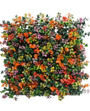 La Haie Artificielle Pachysandra multicolore 50x50 cm UV est un panneau carré composé de feuilles vertes artificielles denses et de petites fleurs oranges, roses, jaunes et violettes pour un effet jardin vertical coloré et vivant.